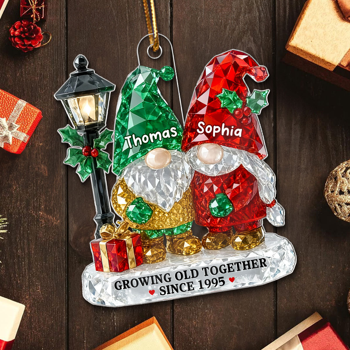3D Crystal Effect Gnome Couple Growing Old Together - Personalized Acrylic Ornament - Gift For Couple