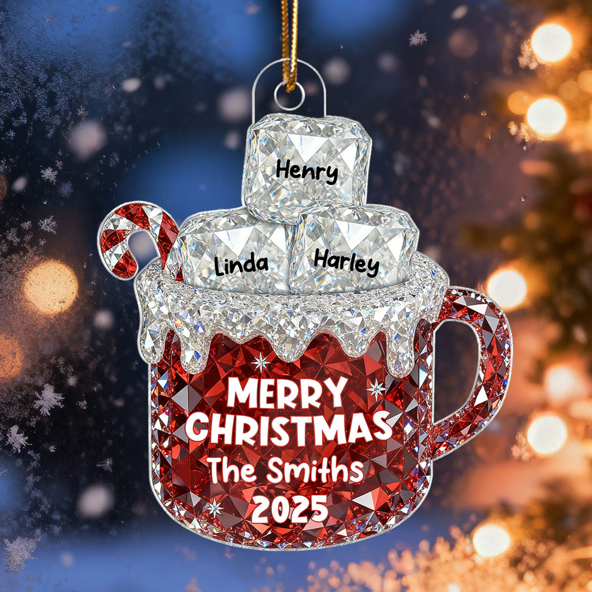3D Crystal Effect Christmas Hot Cocoa Marshmallows Family Names - Personalized Acrylic Ornament