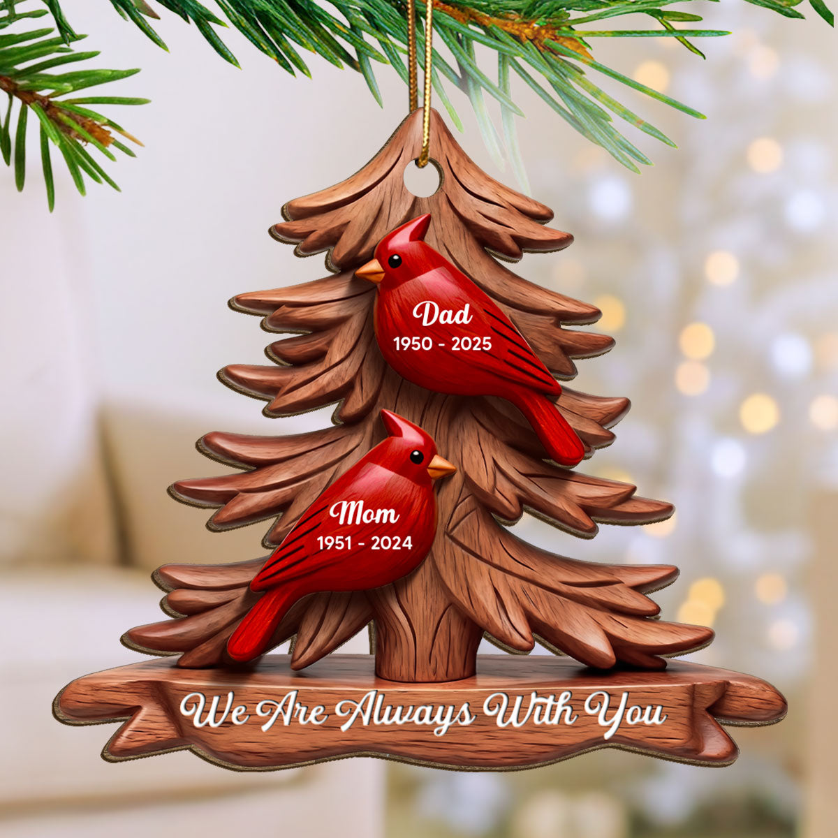 3D Effect Flat Christmas Cardinals Memorial - Personalized Ornament - Remembrance Gift, Sympathy Gift