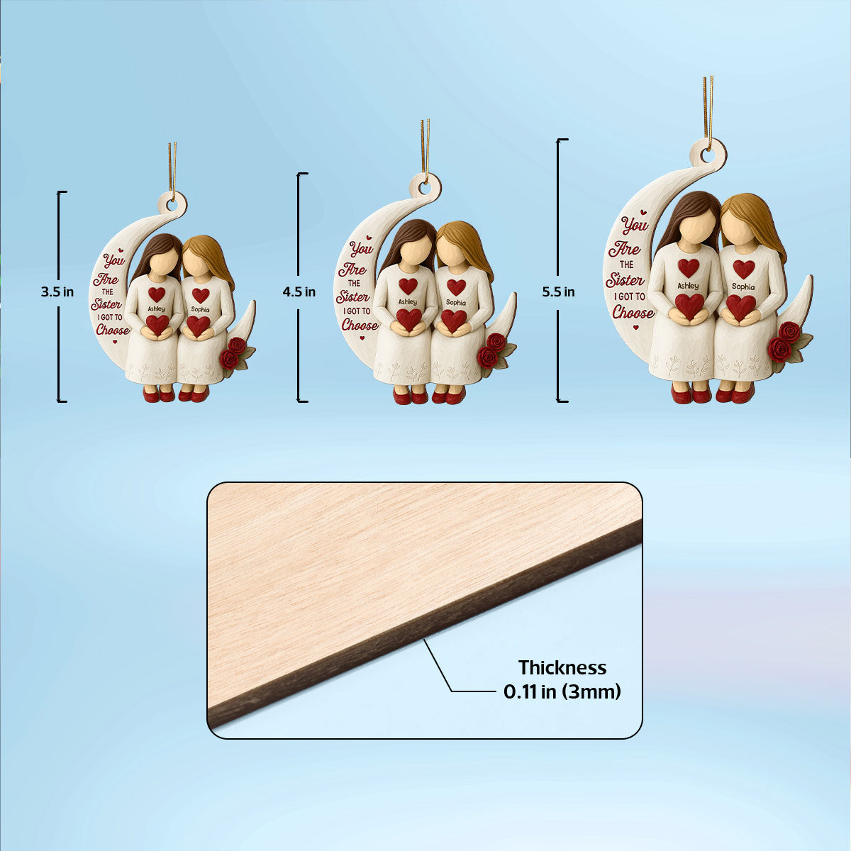 3D Effect Roses Besties On Moon - Personalized Wooden Ornament - Christmas Gift For Best Friends