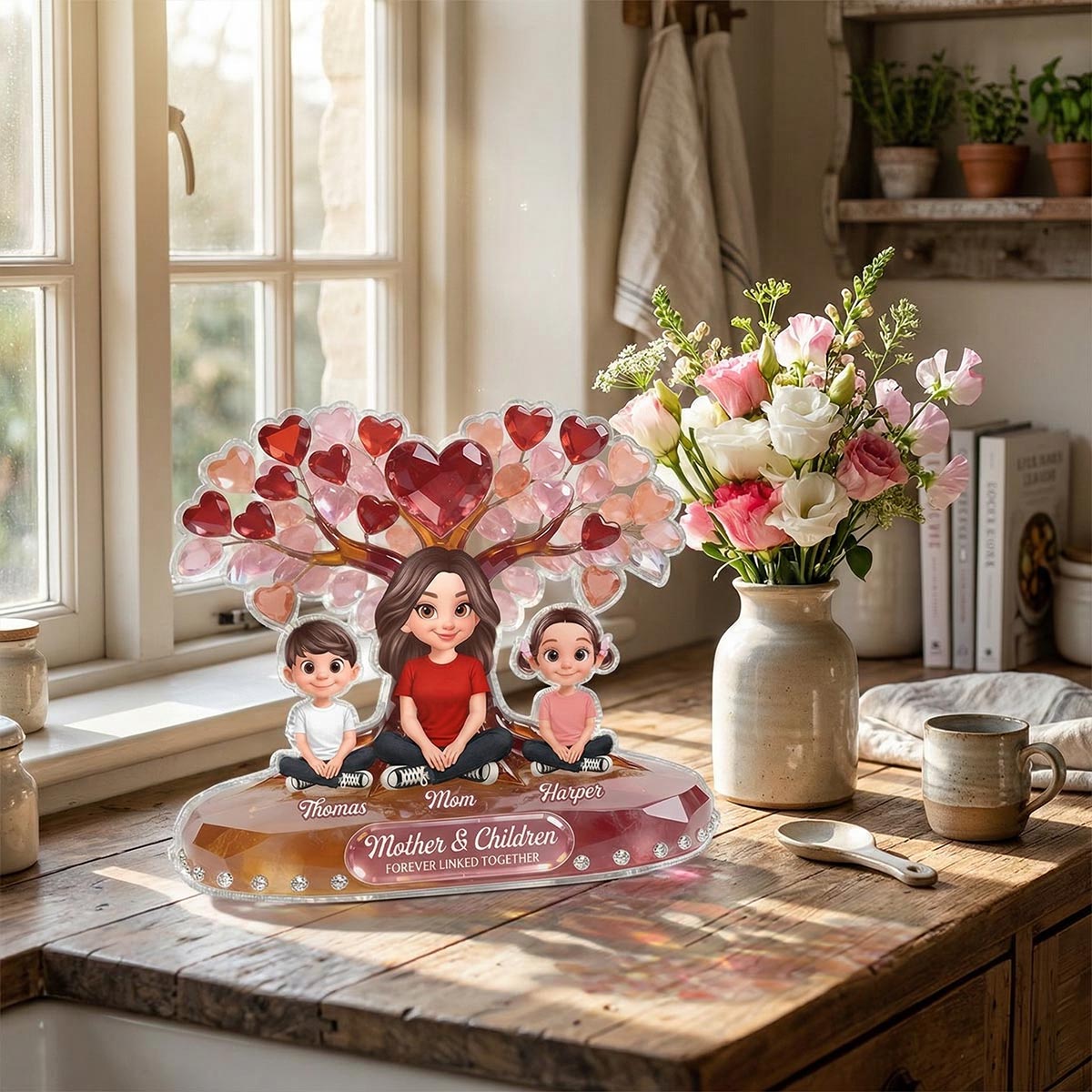 Mom And Son Daughter Under Heart Tree Forever Linked Together - Personalized Acrylic Block Plaque - Gift For Mom