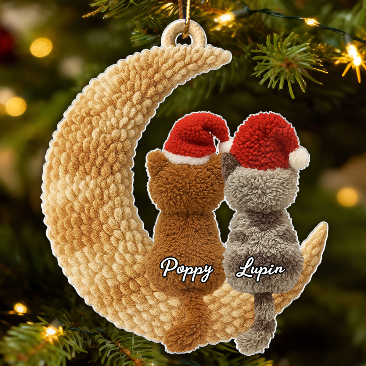 Cats Sitting on Moon Latch Hook Yarn Faux - Personalized Acrylic Ornament - Christmas Gift for Cat Lovers