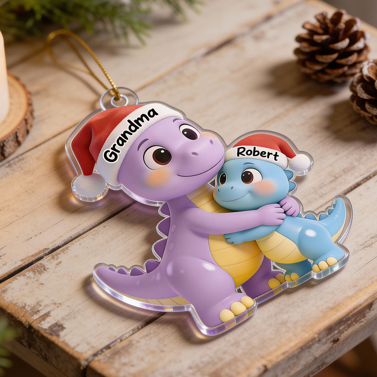 3D Effect Heartwarming Happy Grandmasaurus With Dinosaur Grandkid - Personalized Acrylic Ornament - Gift For Grandkids