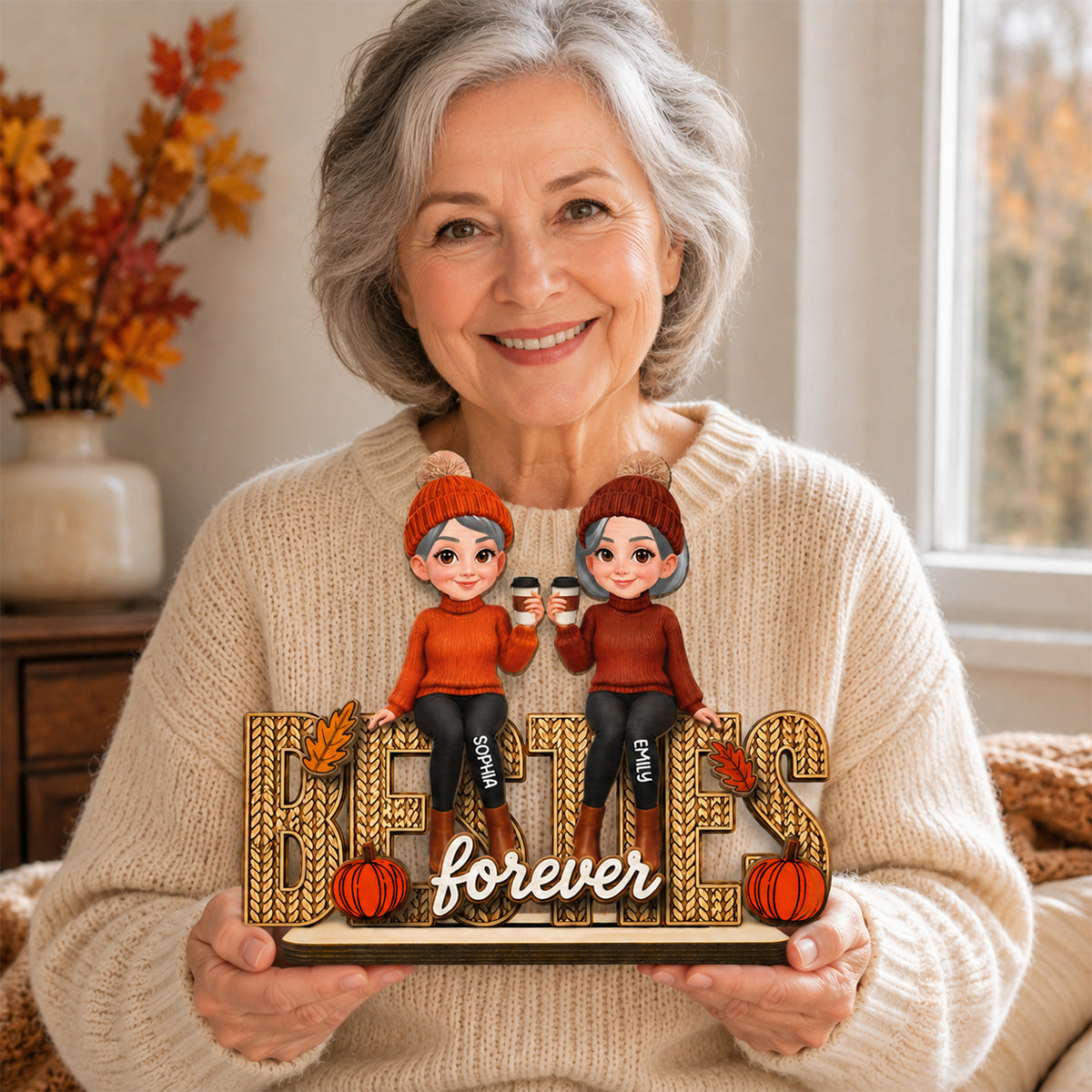 Besties Sisters Fall Season Knit Pattern - Personalized Wooden Plaque
