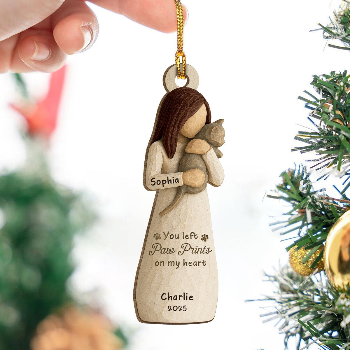Until We Meet At Rainbow Bridge Woman & Cat 3D Effect - Personalized Wooden Ornament - Memorial Keepsake