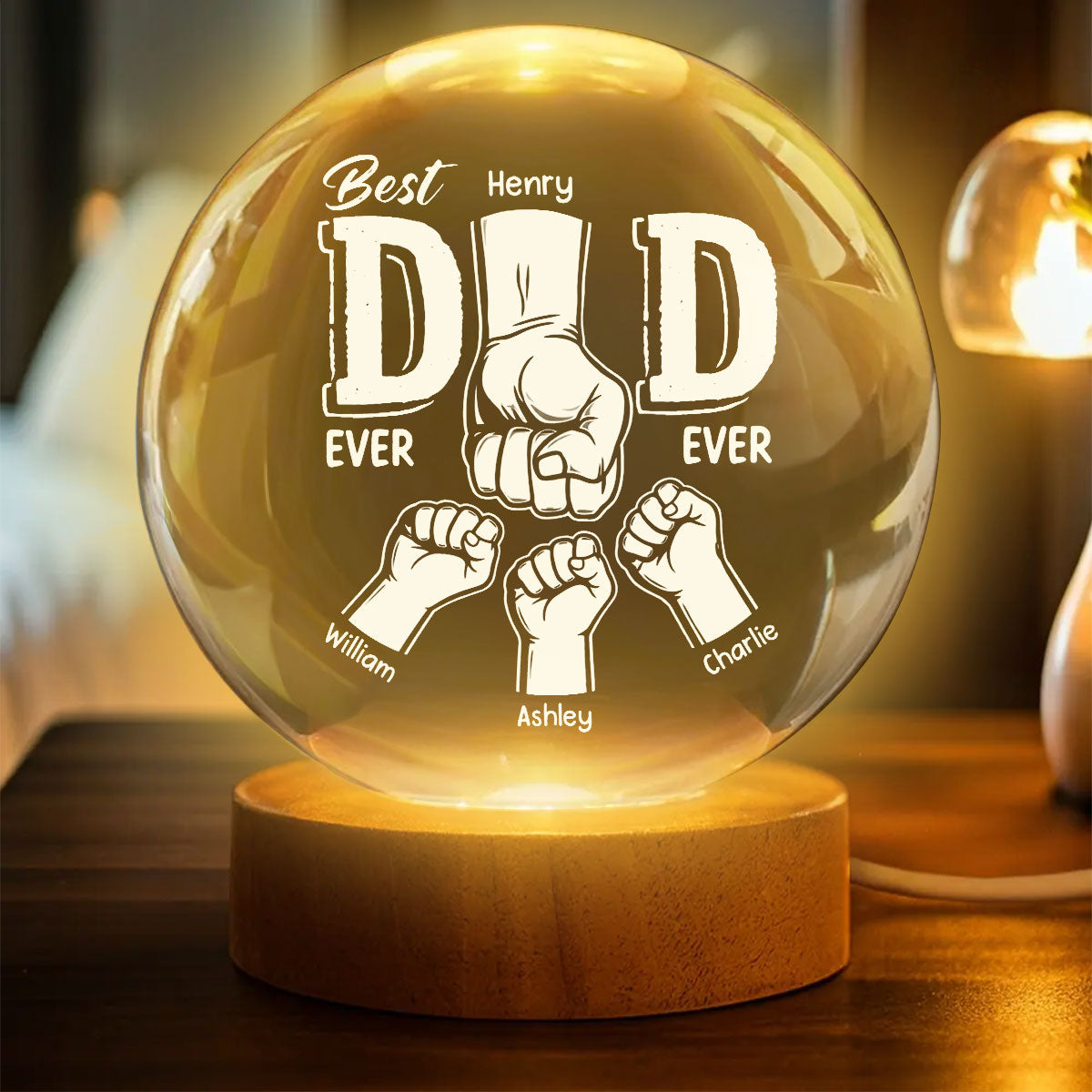 Best Dad Ever Fist Bump - Personalized Crystal Ball LED Night Light - Heartfelt Gift for Dad, Husband