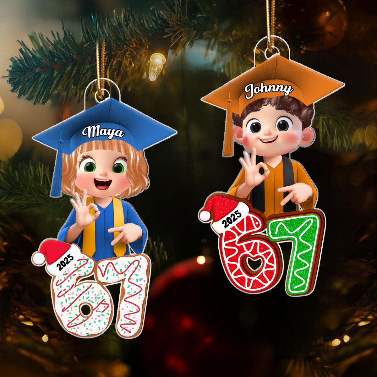 Christmas Pattern Senior Custom Six Seven 67 - Personalized Acrylic Ornament - Teen Slang Funny Tree Decor, Funny Teen Grandkid Gift