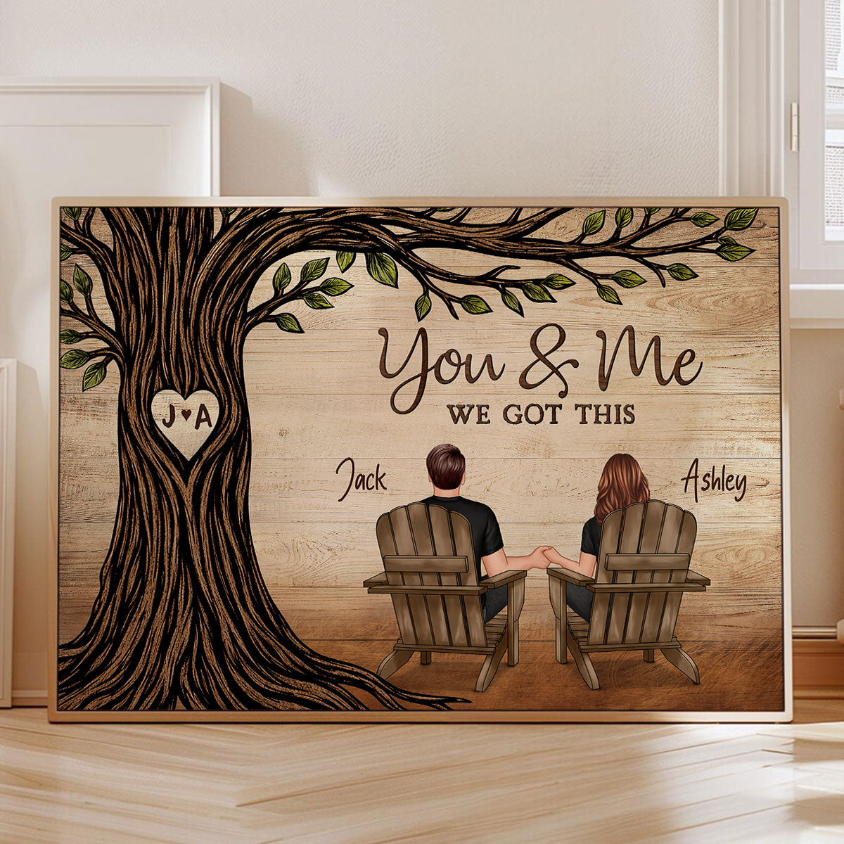 Couple Sitting Under Heart Carved Tree - Personalized Poster - Valentine's Day Gift For Couple