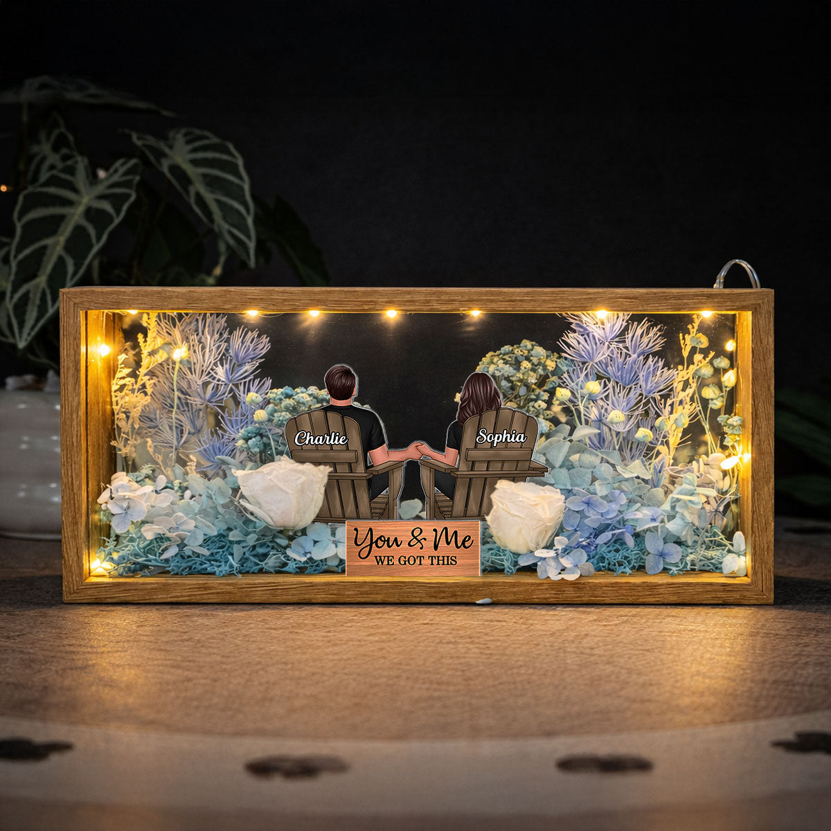 Eternal Love Back View Couple Sitting - Personalized DIY Flower Shadow Box LED Night Light - Gift For Couple, For Him, For Her