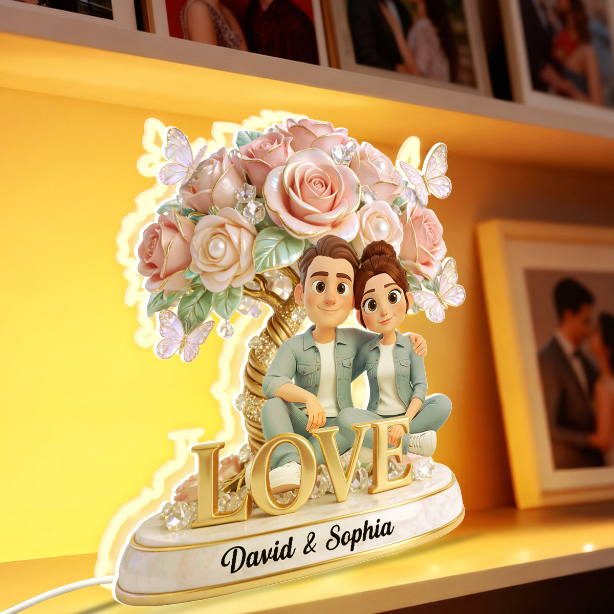 Pink Rose Couple Sitting on LOVE - Personalized Light Box - Heartfelt Valentine's Day Gift for Her, for Him