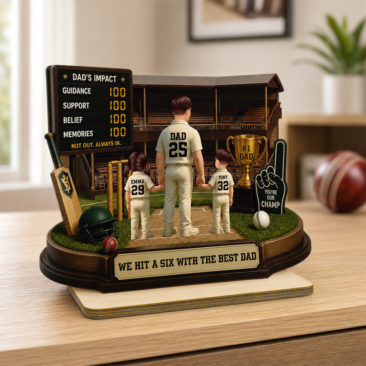 Hit A Six With The Best Dad Cricket Dad - Personalised 2-Layered Wooden Plaque -  Gift For Husband, Dad