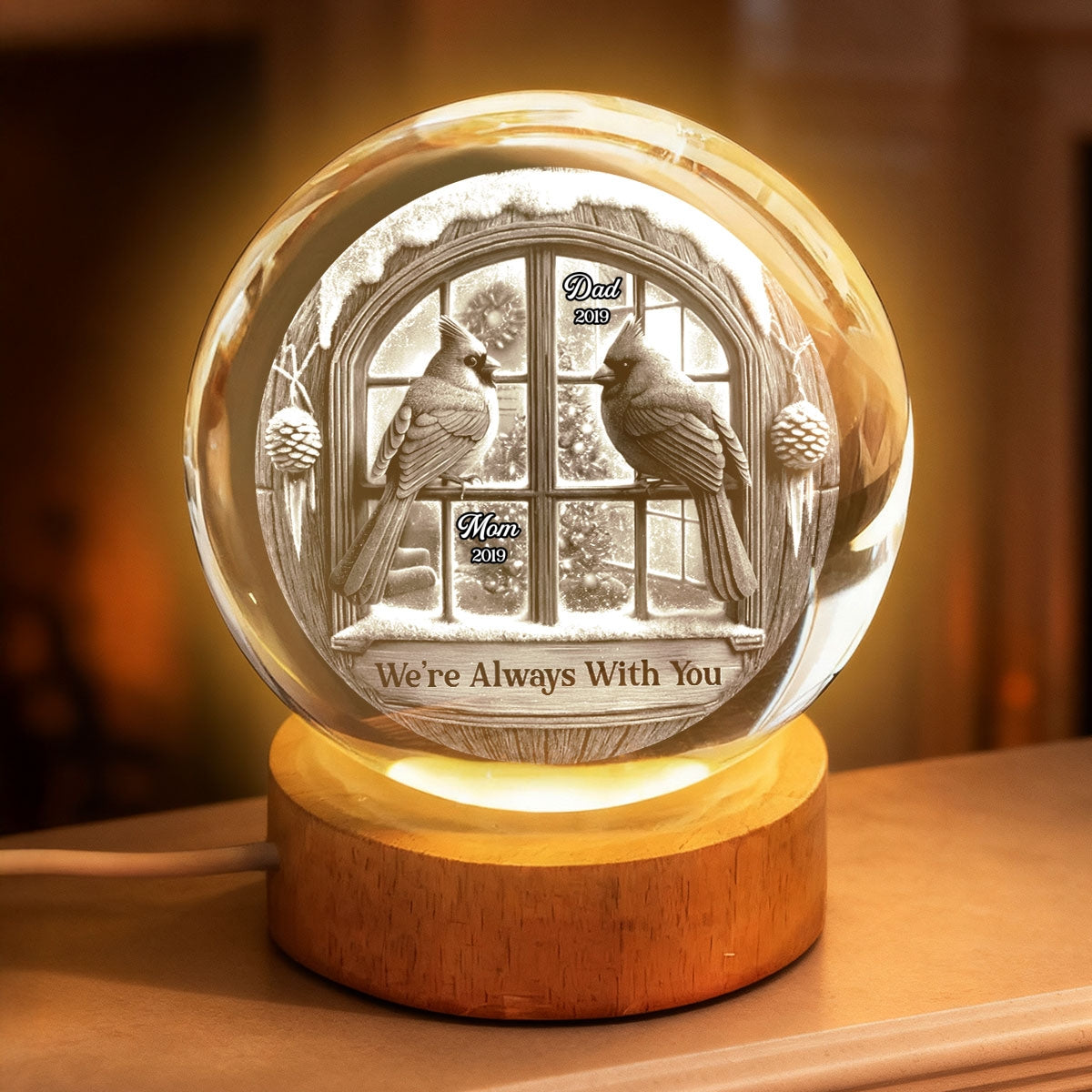 Memorial Cardinal Outside Window - Personalized Crystal Ball LED Night Light - Memorial Sympathy Gift