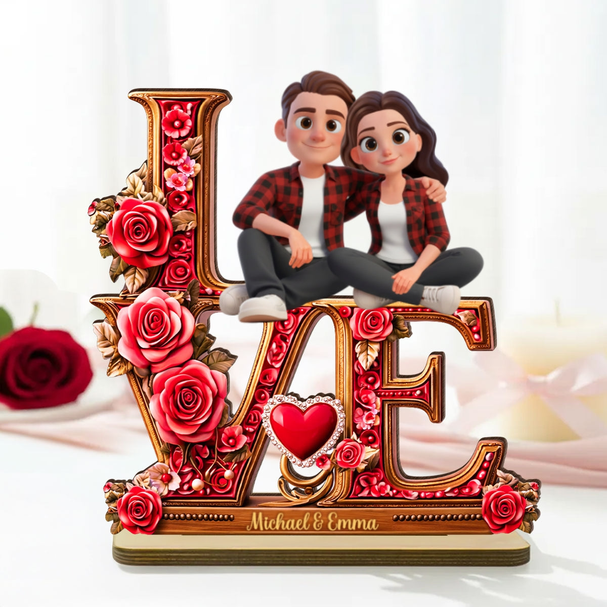 Couple Heart Rose Love - Personalized 2-Layered Wooden Plaque - Heartfelt Valentine's Day Gift for Her, for Him