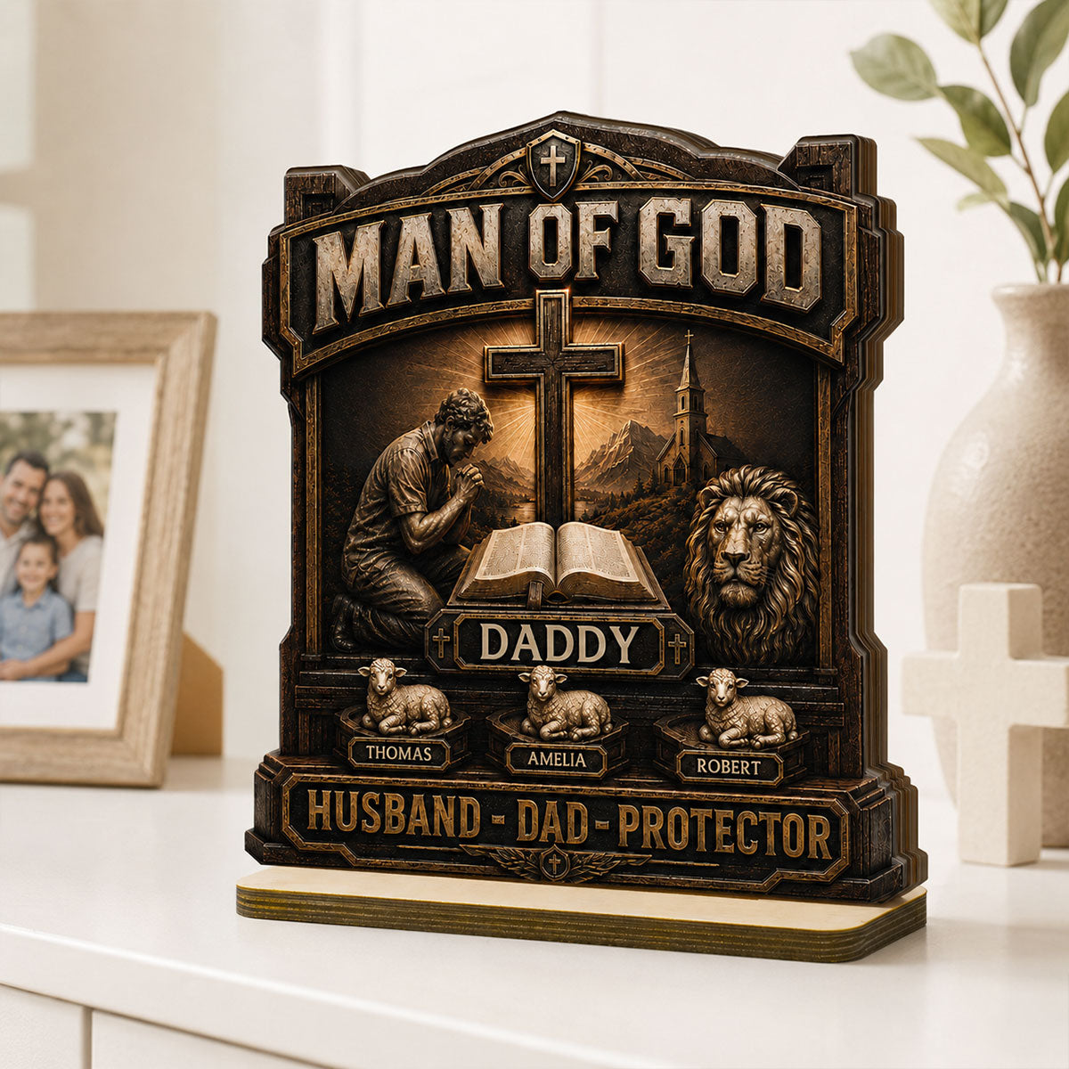 Man Of God - Personalized 2-Layered Wooden Plaque -  Gift For Dad, Husband, Grandpa, Christian Dad