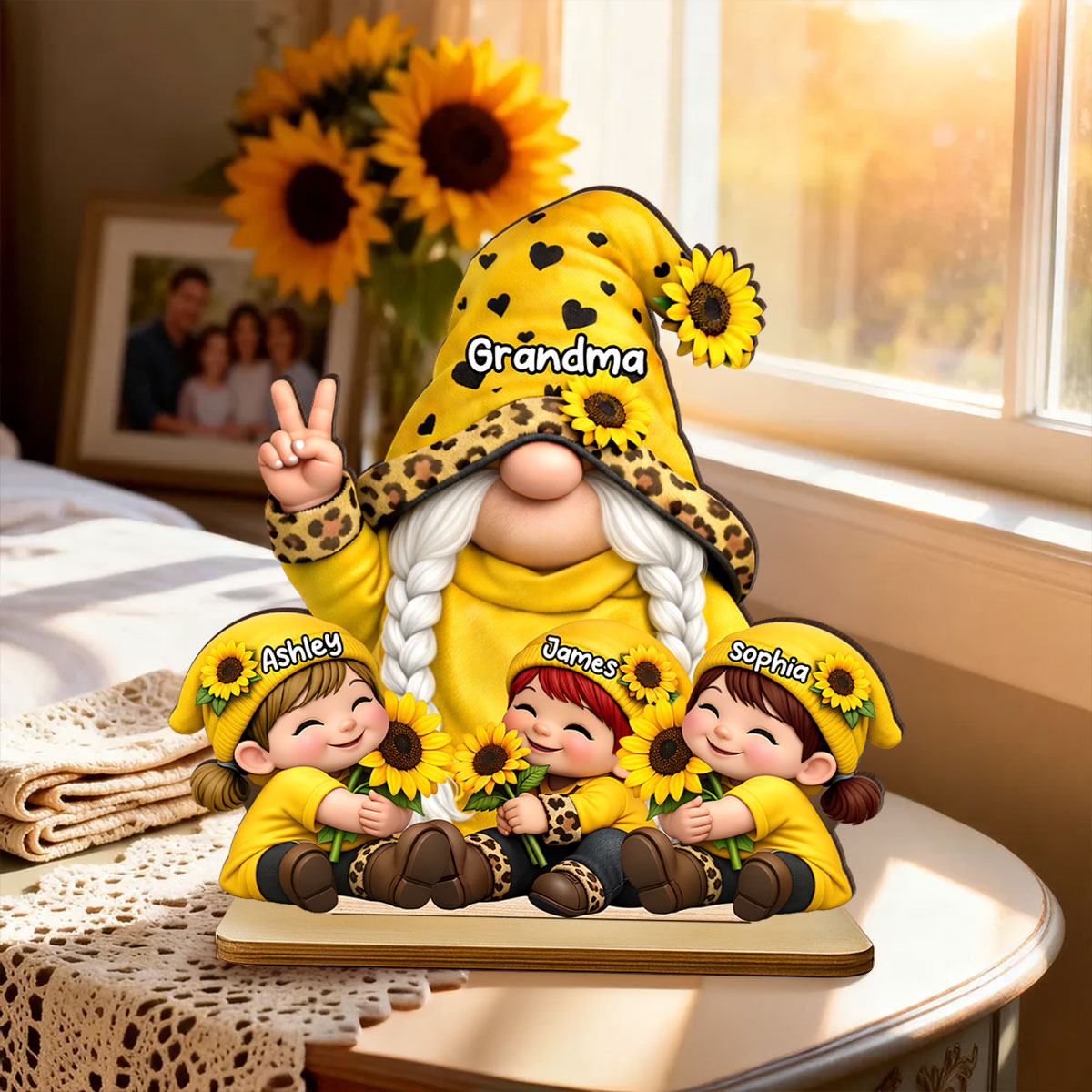 Gnome Grandma & Grandkids Sunflower - Personalized 2-Layered Wooden Plaque - Sentimental Mother's Day Gift for Grandma
