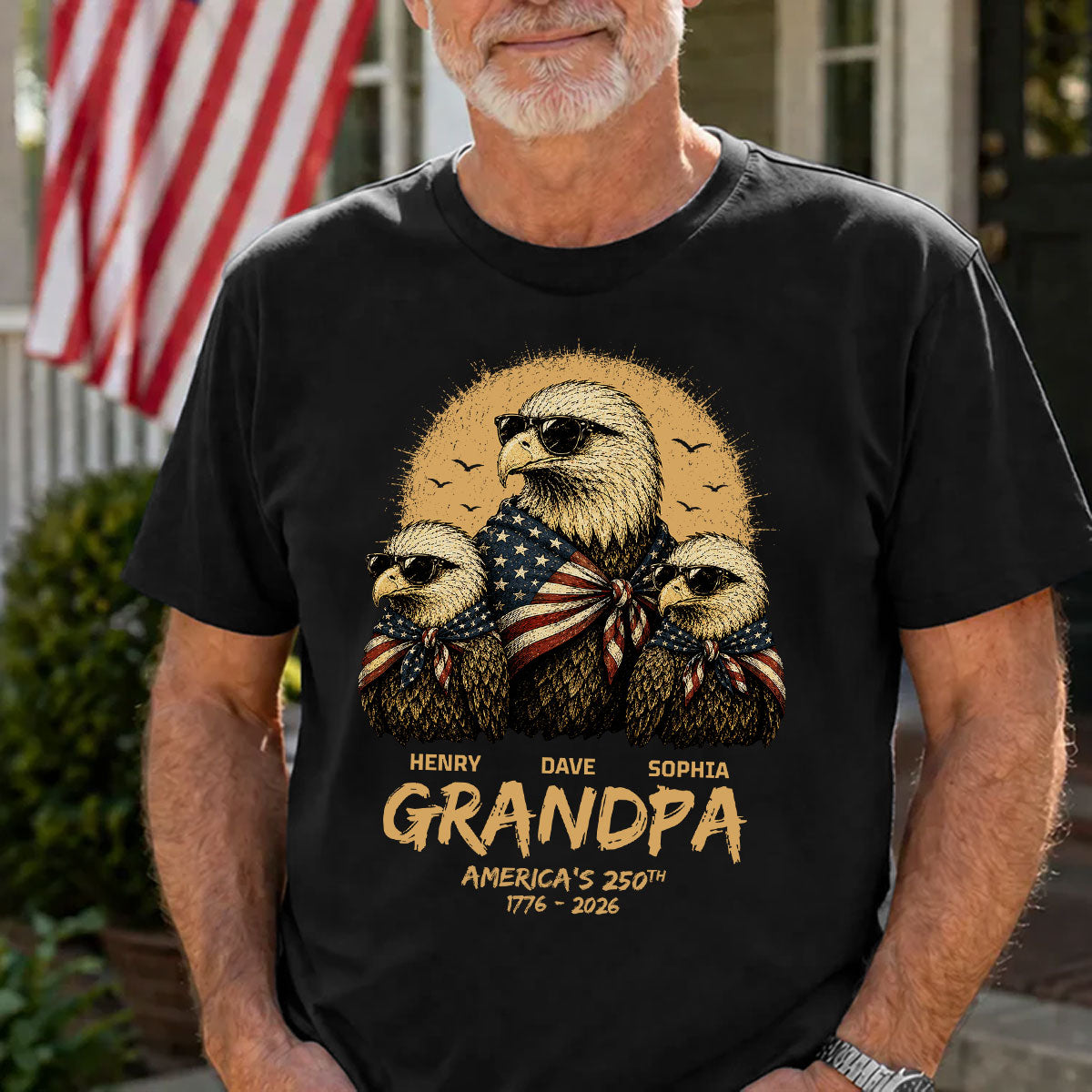 Retro Yellow Vintage Dad Grandpa Eagle America 250th Anniversary - Personalized Shirt - Father's Day Gift For Dad, Grandpa, Husband