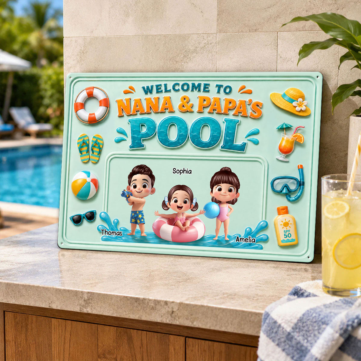Nana & Papa's Poolside With Kids - Personalized Metal Sign - Gift For Kids, Grandparents, Summer Decorations