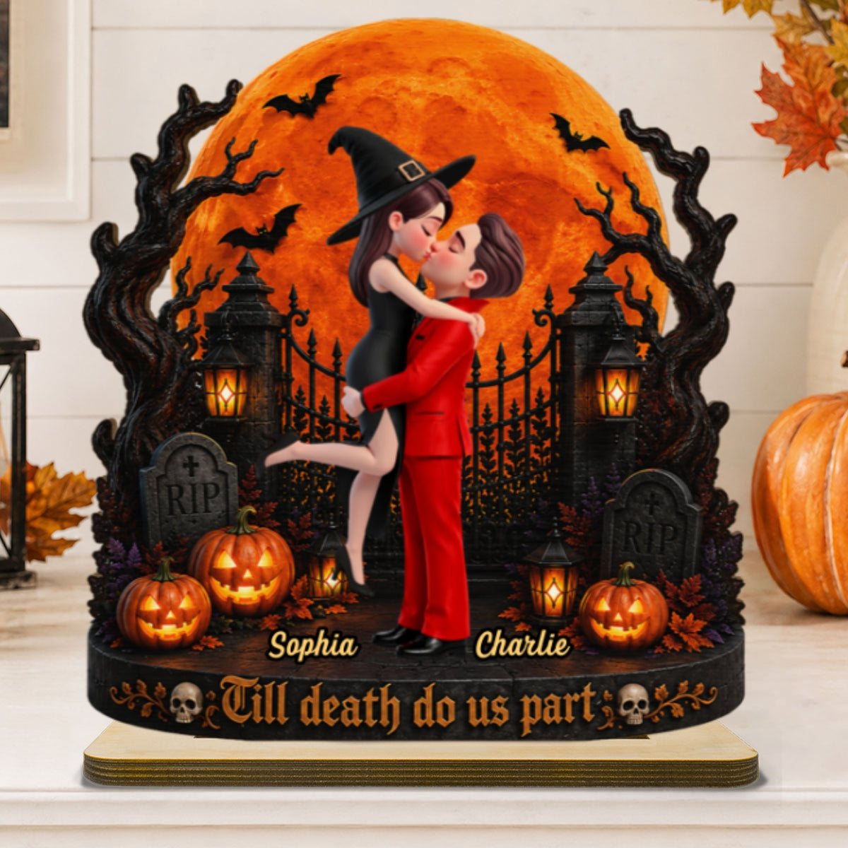 Eternal Love Couple Under Halloween Moon Light - Personalized 2-Layered Wooden Plaque - Halloween Gift For Couple