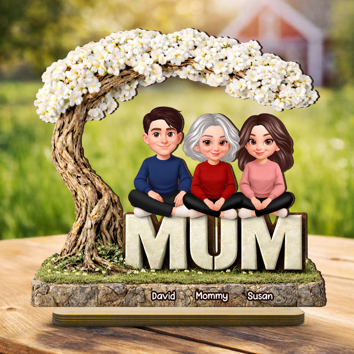 Mom And Her Kids Under The Tree - Personalized 2-Layered Wooden Plaque - Heartfelt Gift For Mom, Grandma