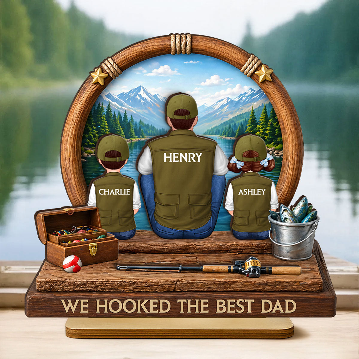 Fishing Dad Kids Mountain Lake - Personalized 2-Layered Wooden Plaque - Heartfelt Gift For Fishing Dad, Gift For Husband