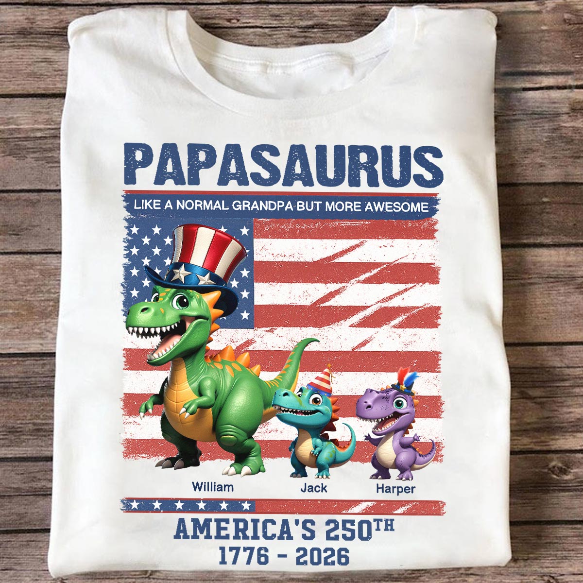 Grandpasaurus And Kids 3D Effect Dinosaurs - Personalized Shirt - American's 250th Anniversary Keepsake 4th Of July Independence Day Celebration