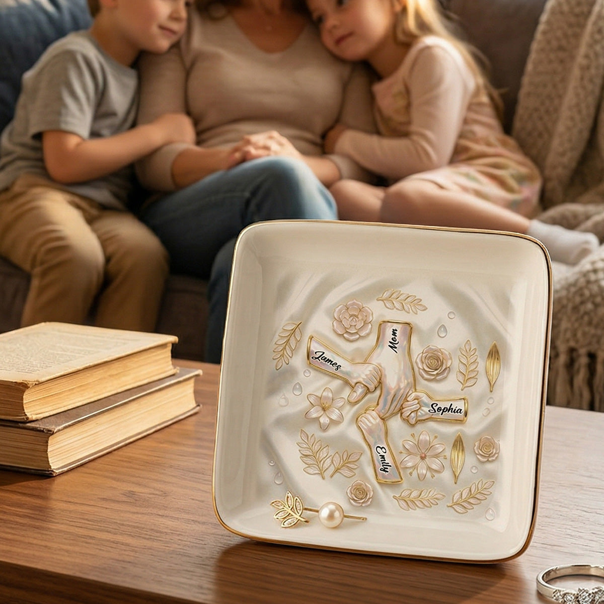 Kids Holding Mom Grandma Hand 2D Printed - Personalized Jewelry Dish - Mother's Day Gift For Mom, Grandma