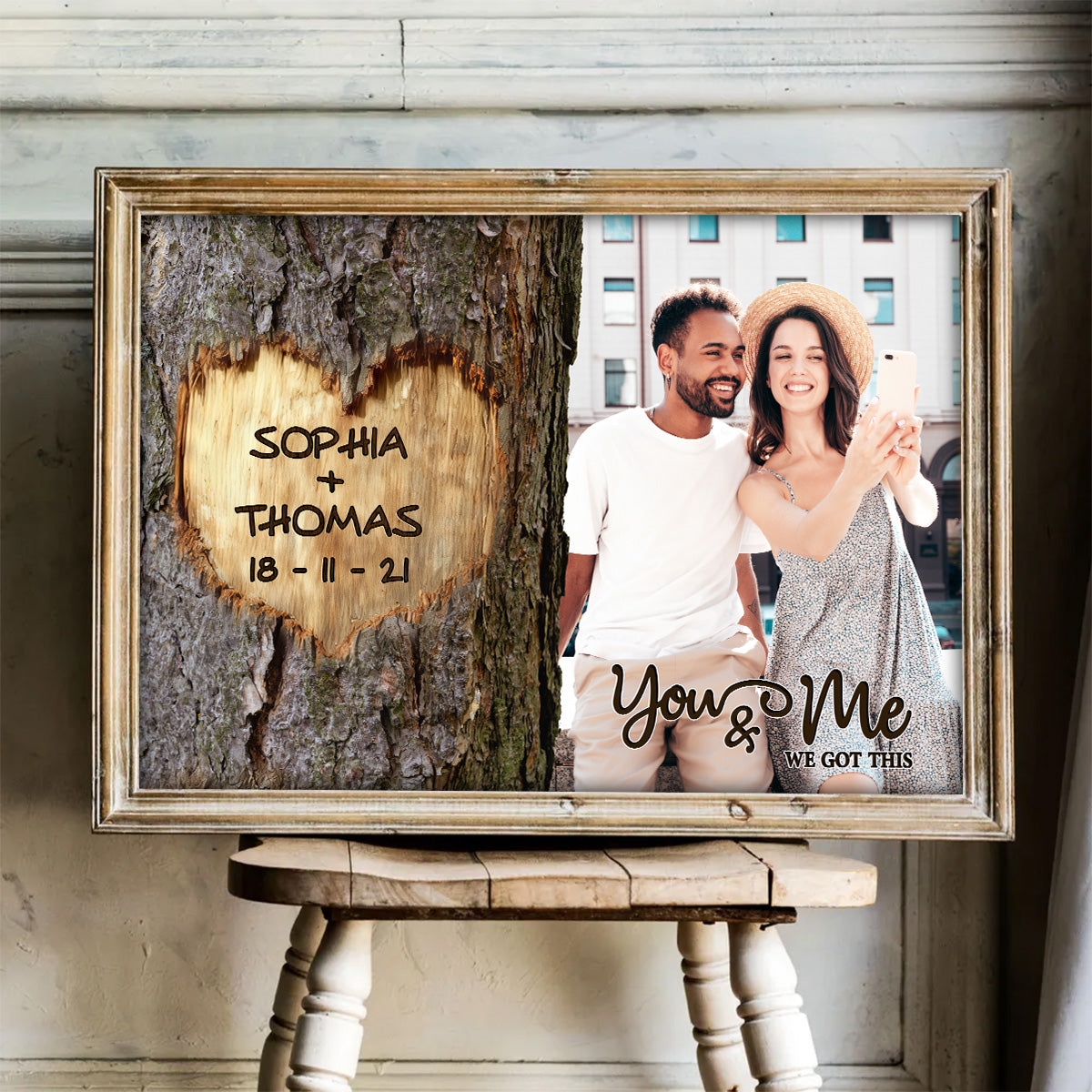 You & Me We Got This Couple Custom Photo Heart Carved Tree - Personalized Poster - Anniversary Gift, Valentine's Gift For Him, For Her
