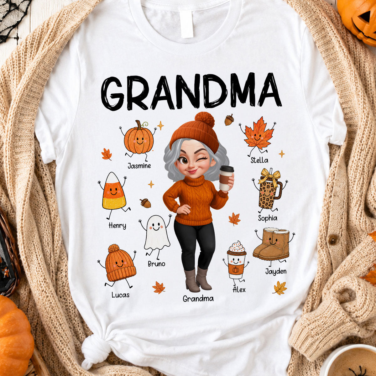 Fall Season Grandma Custom Grandkids Doodle Fall Symbols - Personalized Shirt - Fall Gift For Grandma