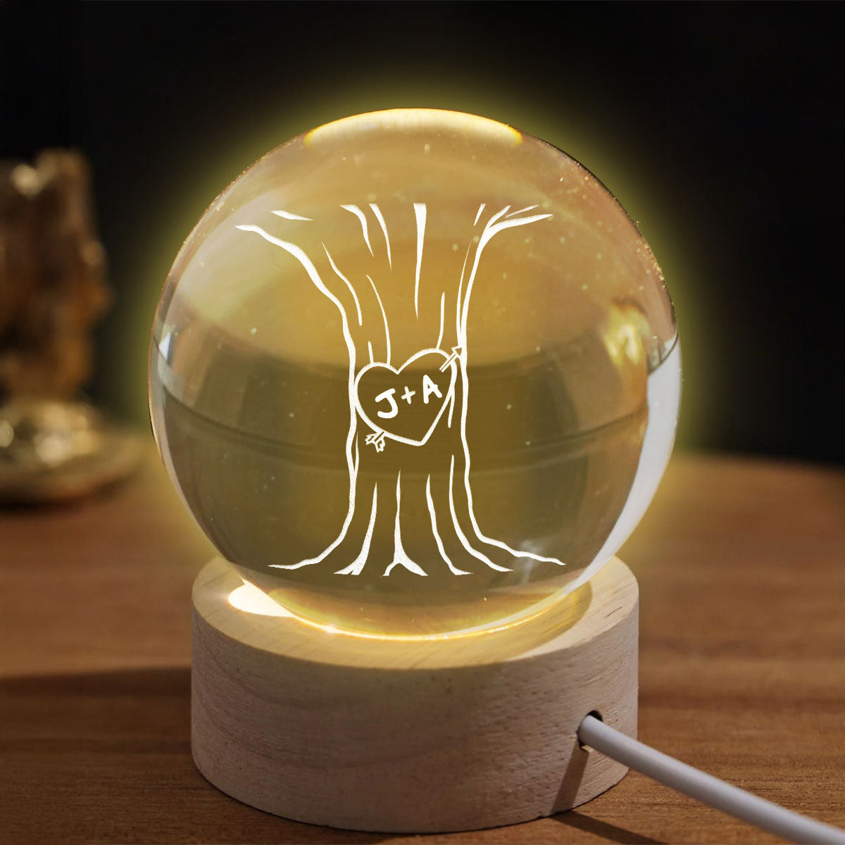 Eternal Love Couple Initial Names Heart Carved Tree - Personalized Crystal Ball LED Night Light - Valentine's Day Gift For Couple