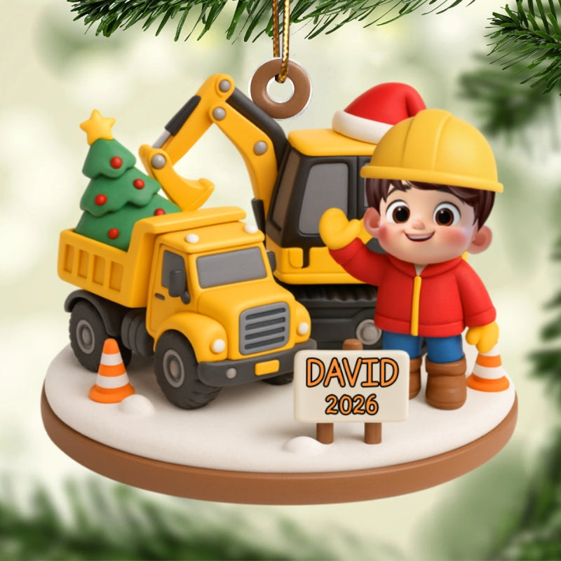 Cute Little Kid With Construction Struck - Personalized Acrylic Ornament - Christmas Gift for Kid, Grandkids