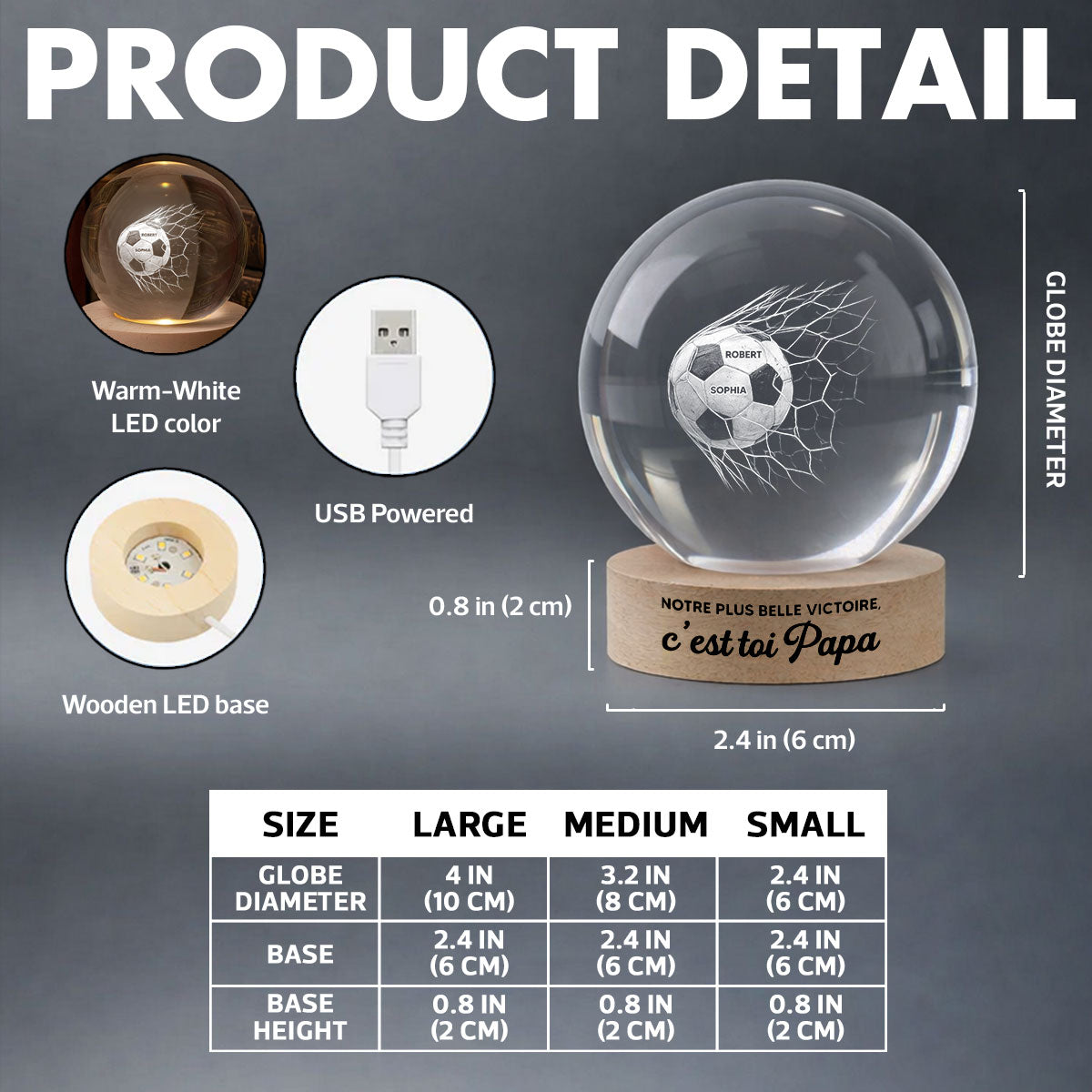Notre plus belle victoire c’est toi Papa – Veilleuse LED Boule de Cristal Personnalisée – Cadeau de Fête des Pères