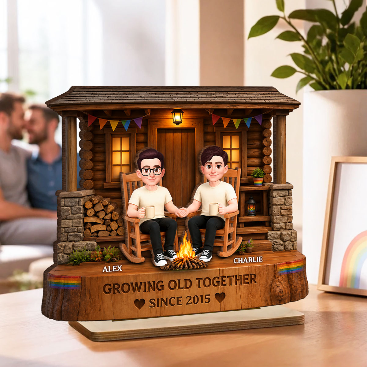 LGBT+ Couple Sitting On Front Porch - Personalized 2-Layered Wooden Plaque - Gift For Couple, Happy Pride Month