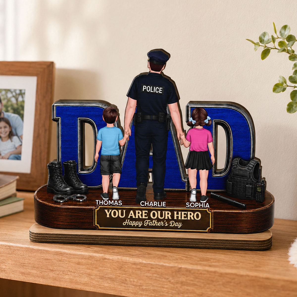 Proud American Police Dad You Are Our Hero - Personalized 2-Layered Wooden Plaque - Unique Trending  Gift For Dad, Husband