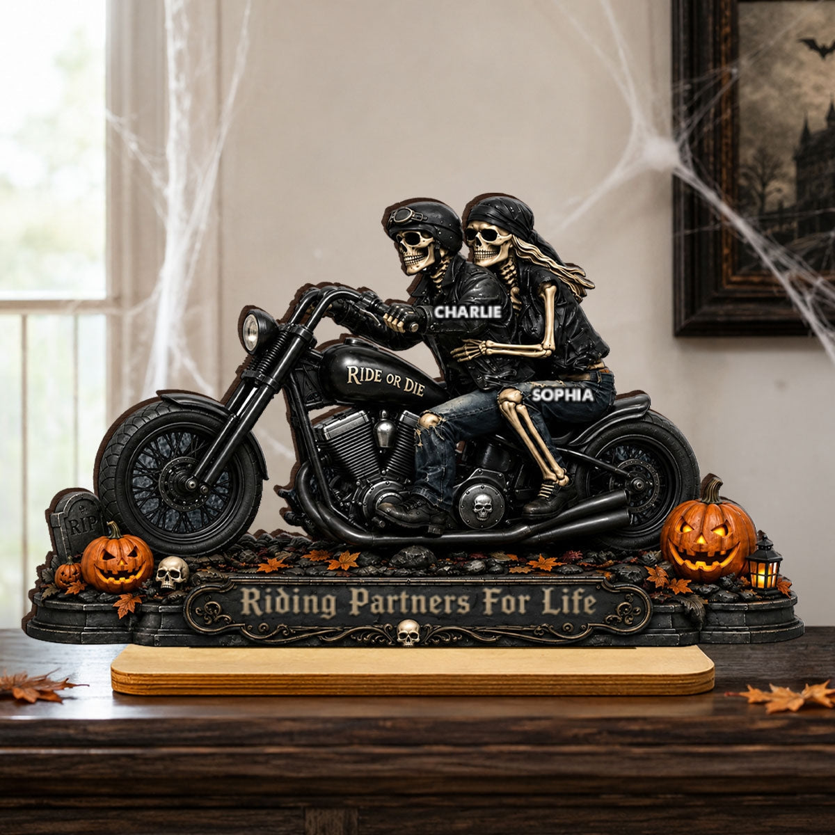 Riding Partners For Life Skeleton Couple - Personalized 2-Layered Wooden Plaque - Halloween Decor Gift, Gift For Couple