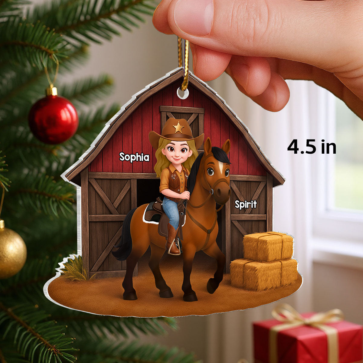 Country Girl And Horse Red Barn 3D Effect - Personalize Acrylic Ornament