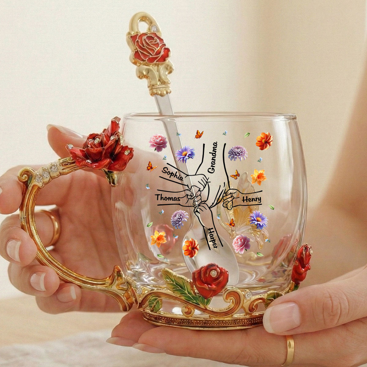 Grandma Mom Holding Kids Hands Birth Month Flowers - Personalized Enamel Flower Tea Cup - Gift For Grandma, Mom
