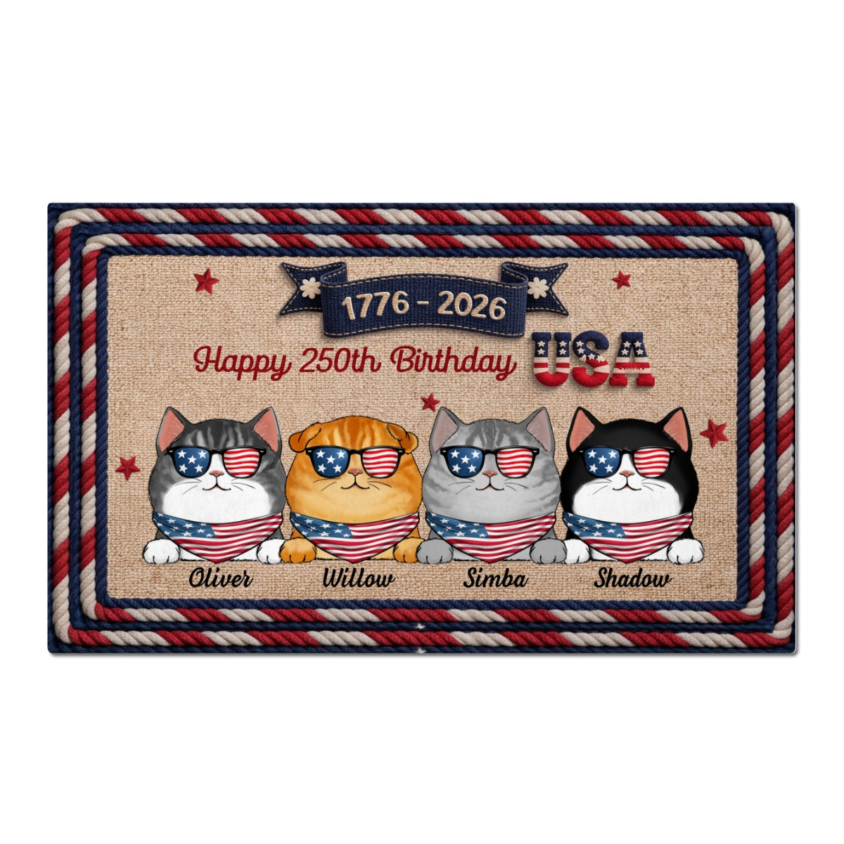 USA 250th Birthday Patriotic Flag Cat Faux Yarn Pattern - Personalized Doormat - Gift For Cat Lovers