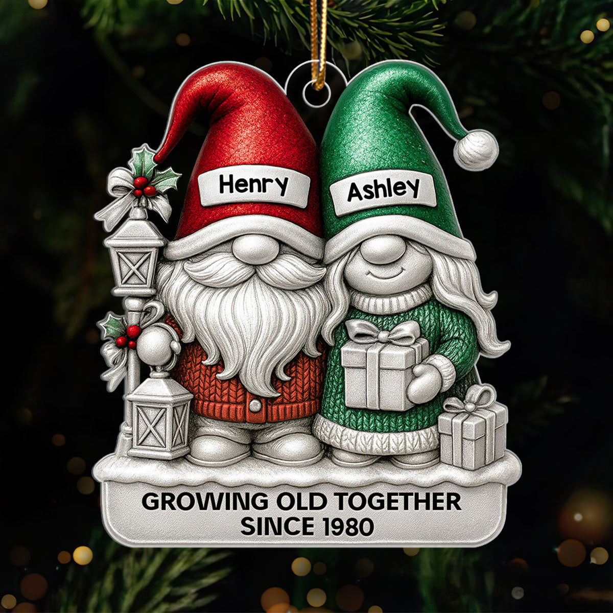 Gnome Couple 3D Metallic Effect - Personalized Acrylic Ornament - Christmas Gift for Couple