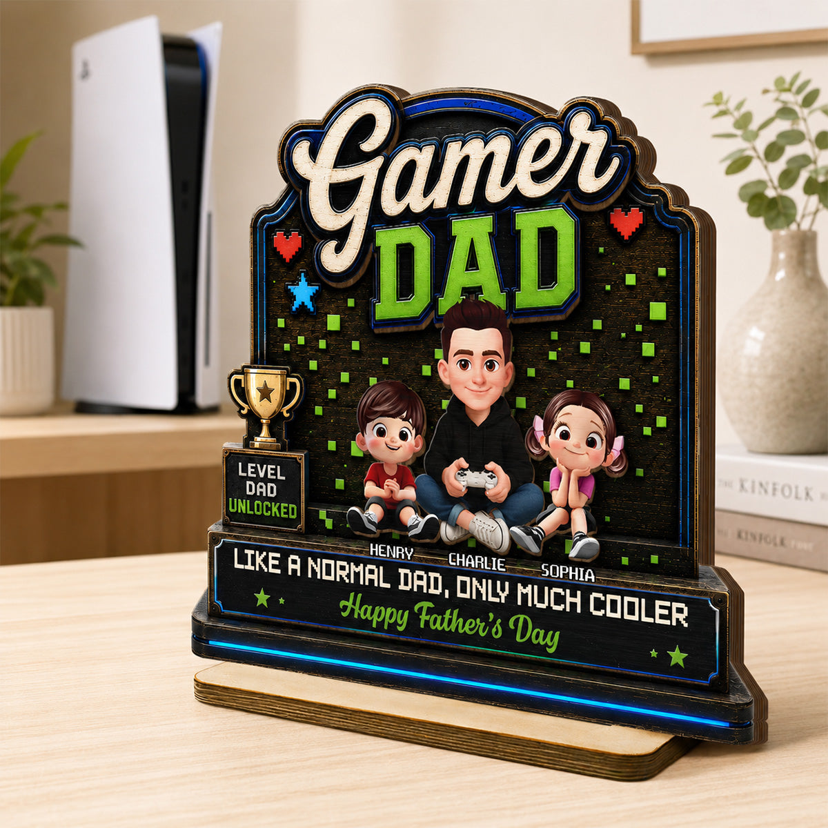 Gamer Dad & Kids - Personalized 2-Layered Wooden Plaque -  Gift For Gamer Dad