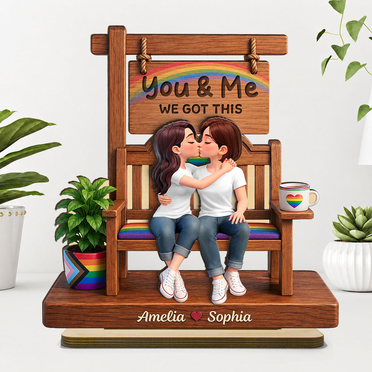 Pride Couple LGBTQ Romantic Love - Personalized 2-Layered Wooden Plaque - Gift For Couple, Happy Pride Month