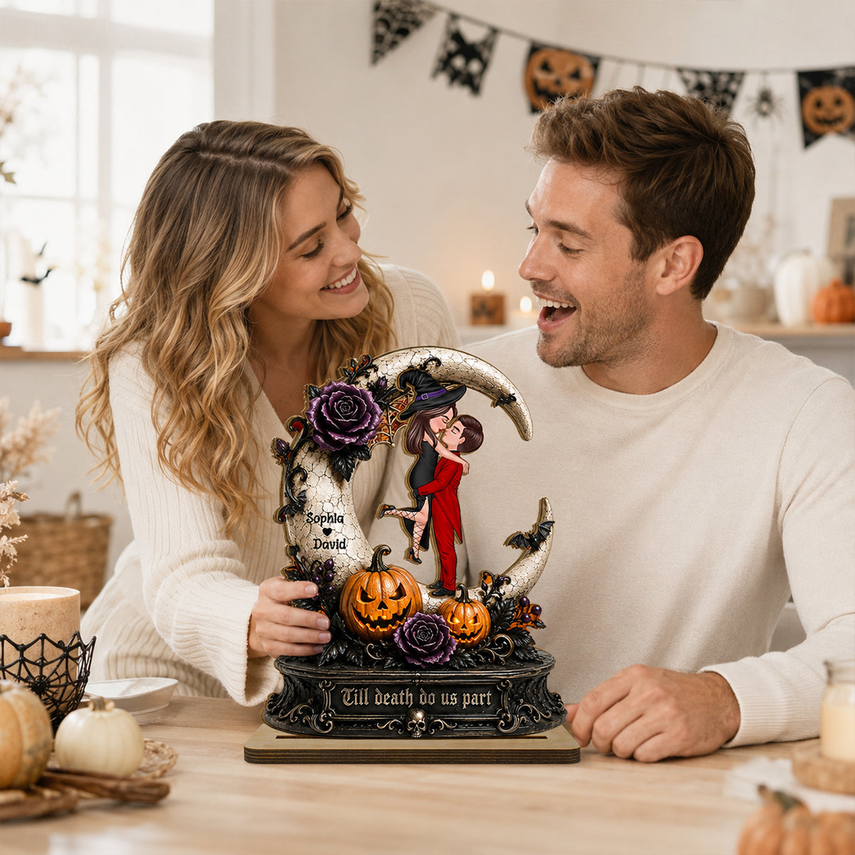 Spooky Couple Moon Halloween - Personalized 2-Layered Wooden Plaque - Halloween Decor Gift, Gift For Couple