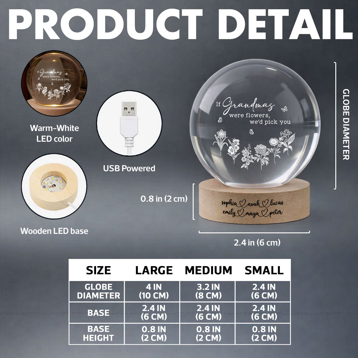 If Grandmas Were Flowers We'd Pick You - Personalized Crystal Ball LED Night Light - Mother's Day Gift for Grandma, Mom