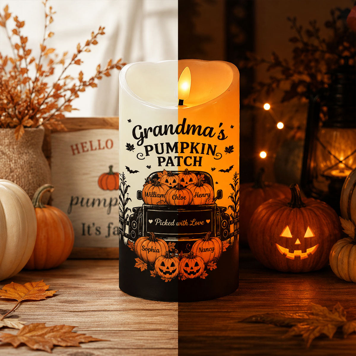 Grandma's Pumpkin Patch Jack-o'-lantern Pumpkins Truck - Personalized LED Candle - Perfect Halloween Decor For Grandma