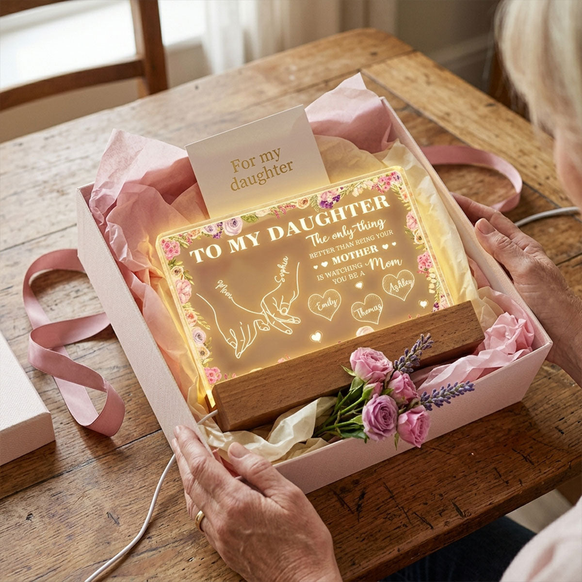 To My Daughter Mom And Daughter Holding Hands Custom Kids Names - Personalized Acrylic Block LED Night Light - Mother's Day Gift For Daughter