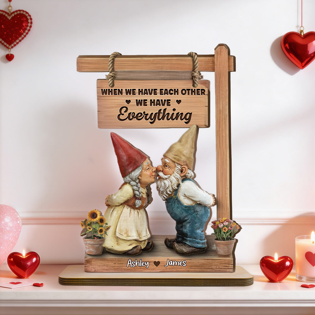 3D Effect Gnome Couple Kissing - Personalized 2-Layered Wooden Plaque - Anniversary, Valentine's Day Gift For Him, Gift For Her