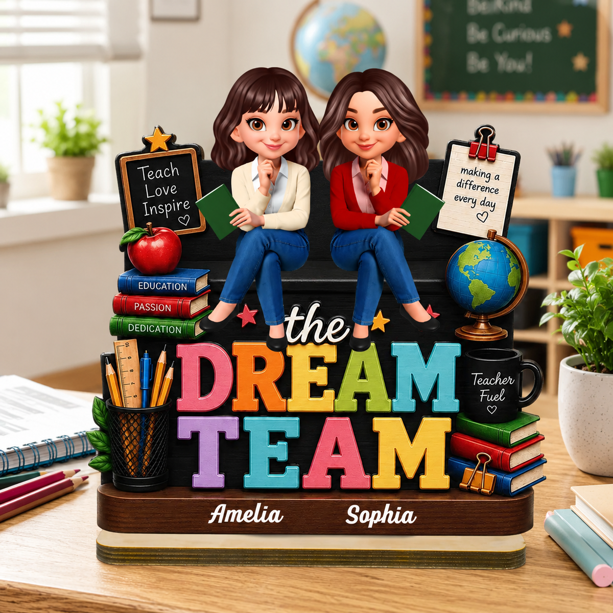 Beautiful Teacher Dream Team - Personalized 2-Layered Wooden Plaque - Back To School Gift For Teacher, Classroom Decor