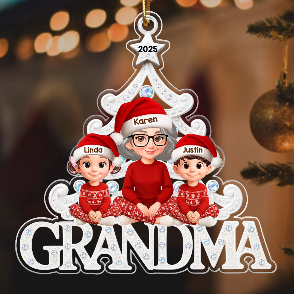 Grandma Grandkids Sitting Metallic Crystal Effect - Personalized Acrylic Ornament - Christmas Gift for Grandma