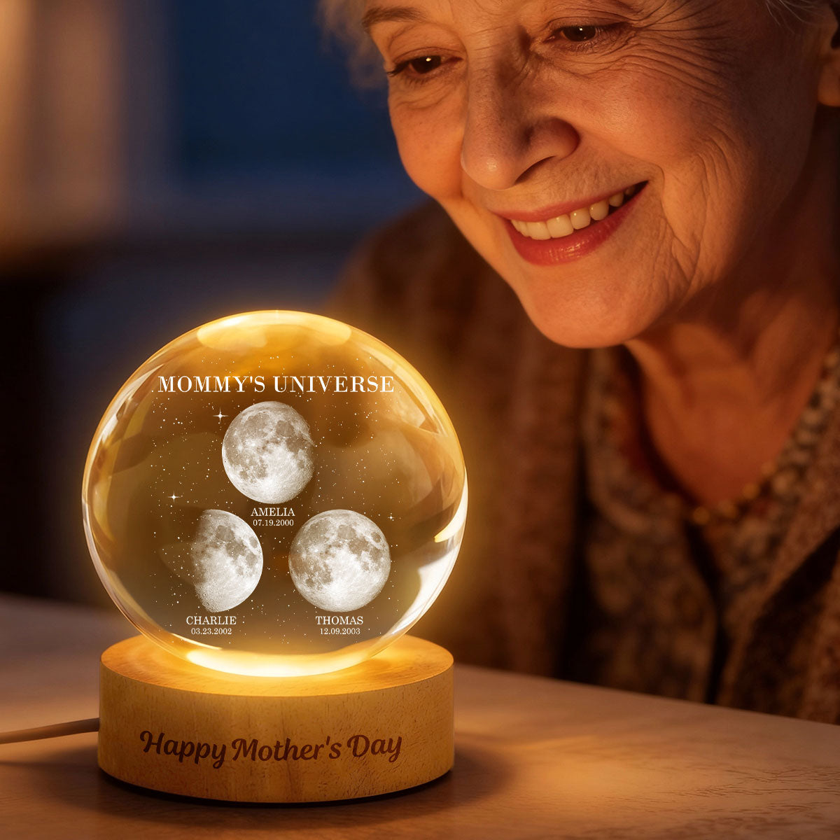 Mommy's Universe, Custom Moon Phase by Date - Personalized Crystal Ball LED Night Light - Mother's Day Gift for Mom, Wife