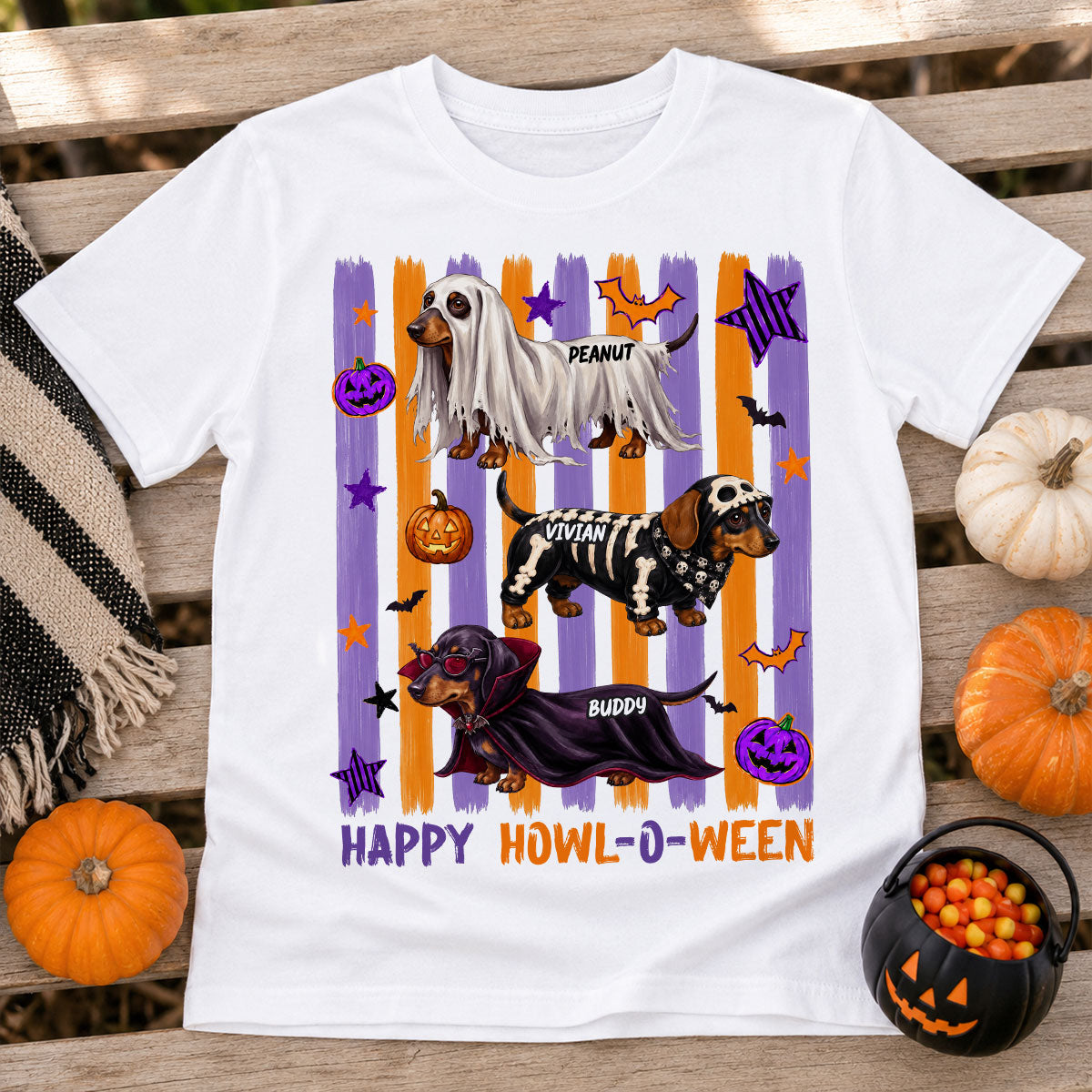 Striped Halloween Dachshund Ghost - Personalized Shirt - Halloween Gift For Dog Lovers