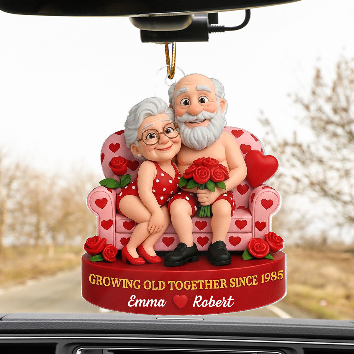 Funny Old Couple Growing Old Together - Personalized Acrylic Car Hanger - Valentine's Day Gift for him, for her